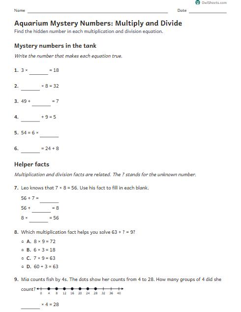 Aquarium Mystery Numbers: Multiply and Divide worksheet preview