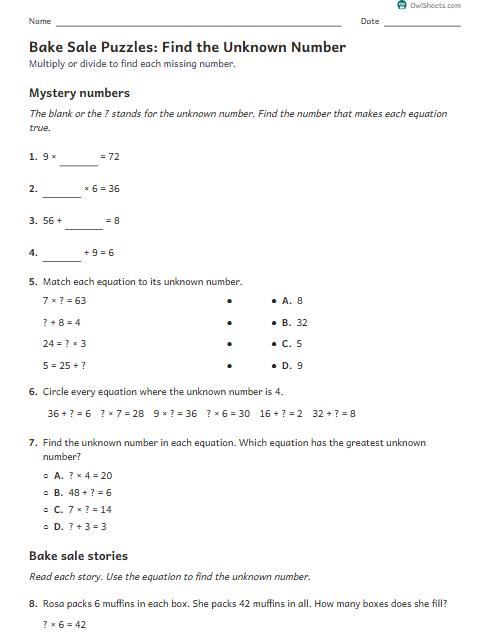 Bake Sale Puzzles: Find the Unknown Number worksheet preview