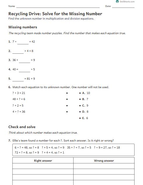 Recycling Drive: Solve for the Missing Number worksheet preview