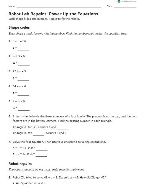Robot Lab Repairs: Power Up the Equations worksheet preview
