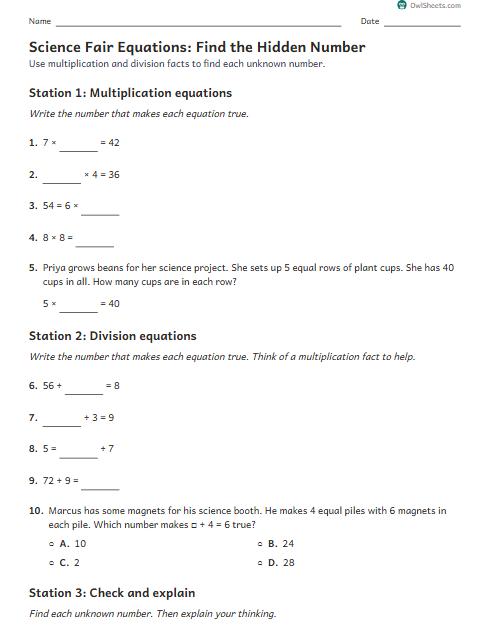 Science Fair Equations: Find the Hidden Number worksheet preview