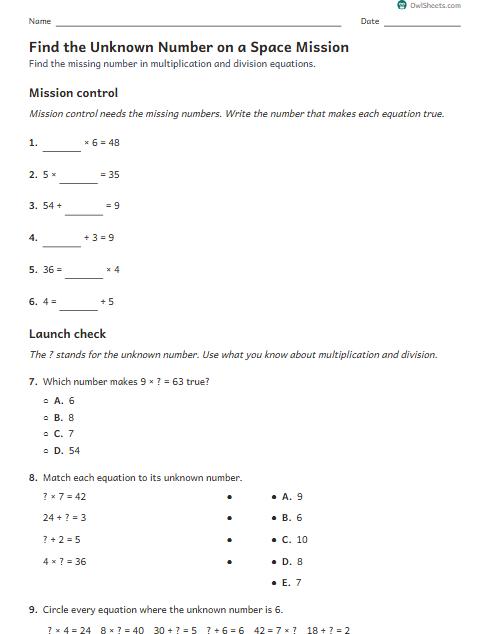 Find the Unknown Number on a Space Mission worksheet preview