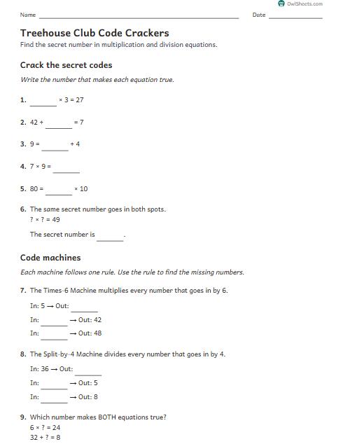 Treehouse Club Code Crackers worksheet preview