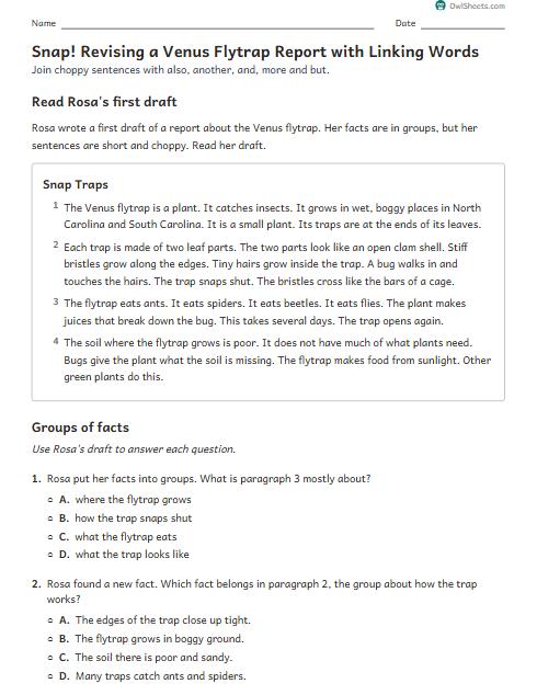 Snap! Revising a Venus Flytrap Report with Linking Words worksheet preview