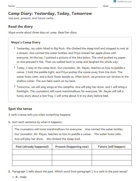 Camp Diary: Yesterday, Today, Tomorrow worksheet preview