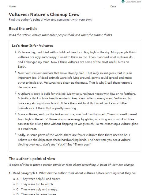 Vultures: Nature's Cleanup Crew worksheet preview