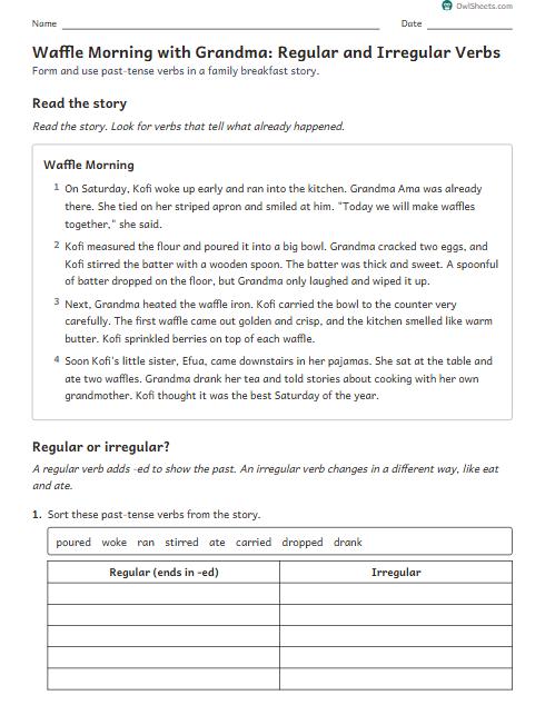 Waffle Morning with Grandma: Regular and Irregular Verbs worksheet preview