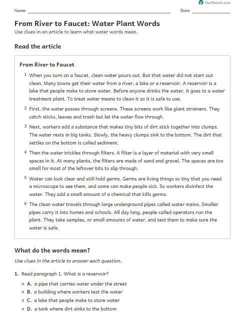 From River to Faucet: Water Plant Words worksheet preview