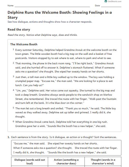 Delphine Runs the Welcome Booth: Showing Feelings in a Story worksheet preview