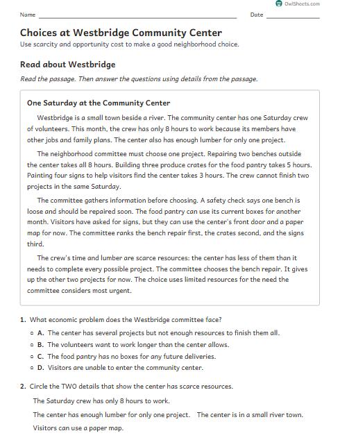 Choices at Westbridge Community Center worksheet preview
