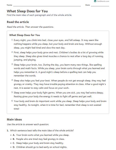 What Sleep Does for You worksheet preview
