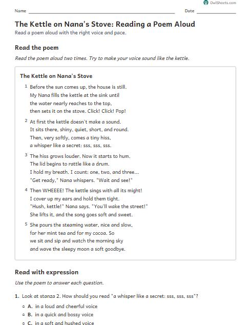 The Kettle on Nana's Stove: Reading a Poem Aloud worksheet preview