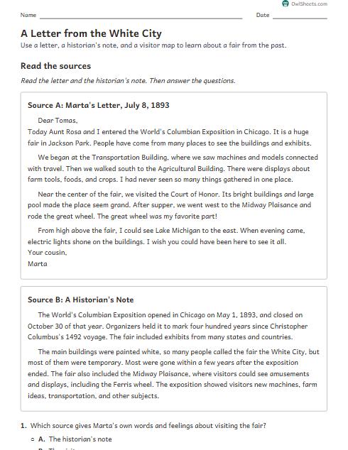 A Letter from the White City worksheet preview