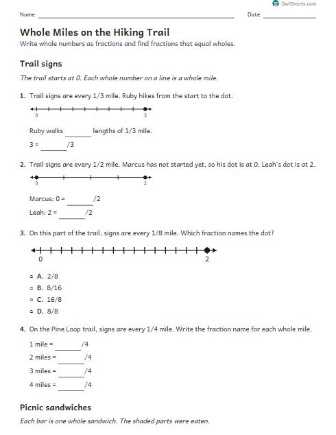 Whole Miles on the Hiking Trail worksheet preview