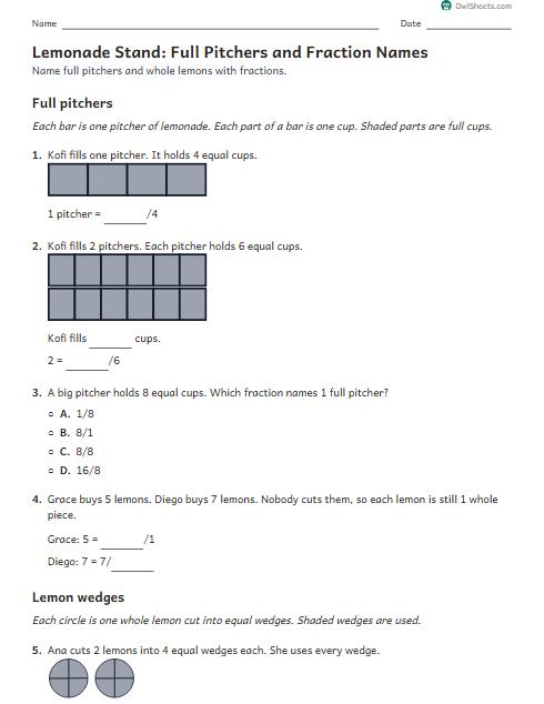 Lemonade Stand: Full Pitchers and Fraction Names worksheet preview