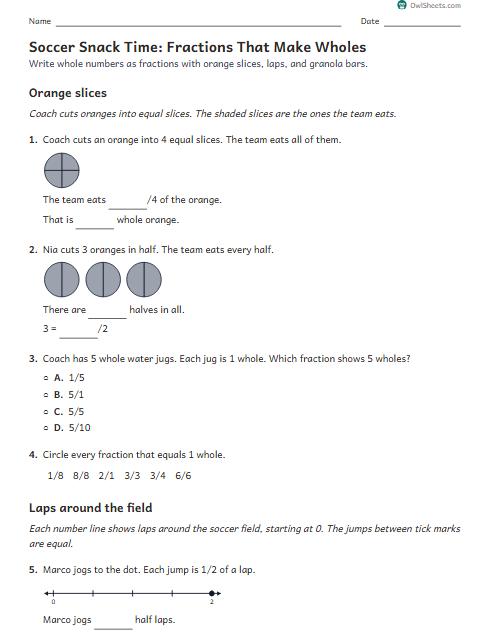 Soccer Snack Time: Fractions That Make Wholes worksheet preview