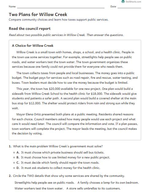 Two Plans for Willow Creek worksheet preview