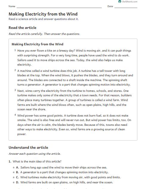 Making Electricity from the Wind worksheet preview