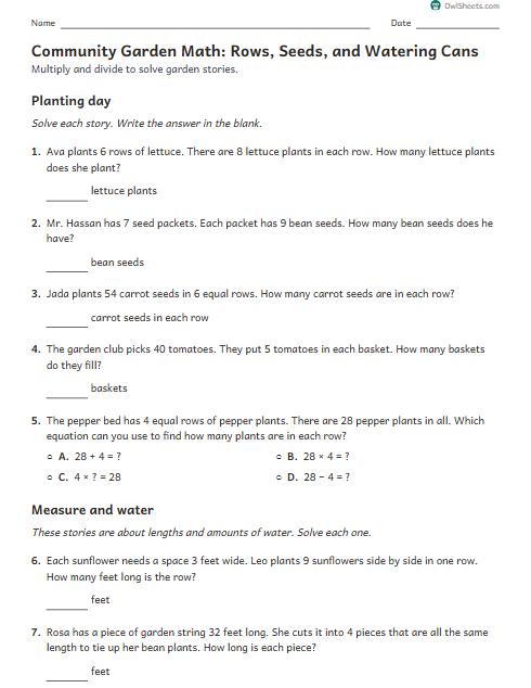 Community Garden Math: Rows, Seeds, and Watering Cans worksheet preview