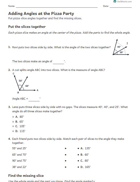 Adding Angles at the Pizza Party worksheet preview