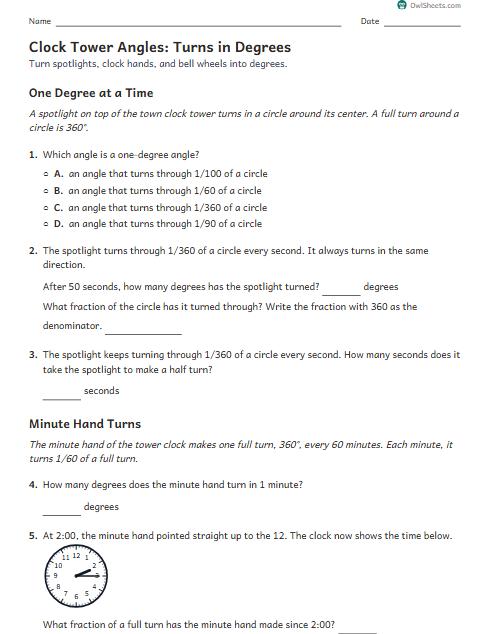 Clock Tower Angles: Turns in Degrees worksheet preview