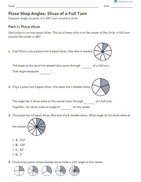 Pizza Shop Angles: Slices of a Full Turn worksheet preview