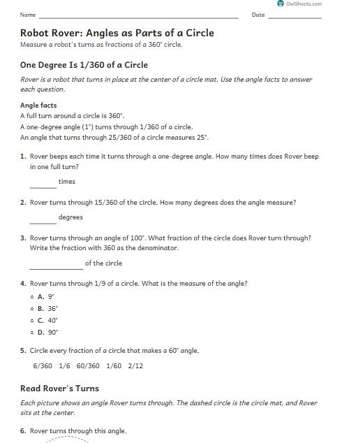Robot Rover: Angles as Parts of a Circle worksheet preview