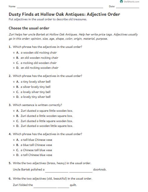 Dusty Finds at Hollow Oak Antiques: Adjective Order worksheet preview