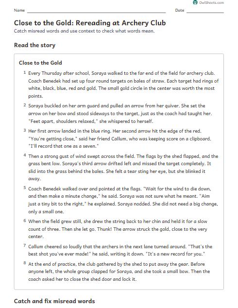 Close to the Gold: Rereading at Archery Club worksheet preview