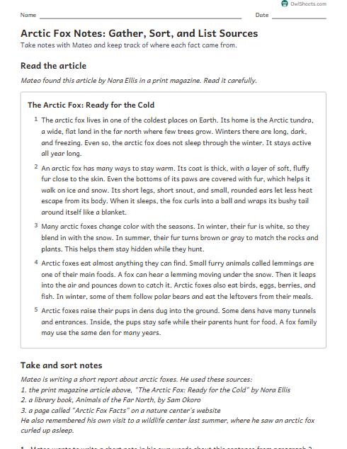 Arctic Fox Notes: Gather, Sort, and List Sources worksheet preview