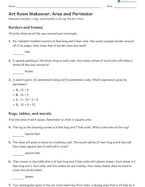 Art Room Makeover: Area and Perimeter worksheet preview