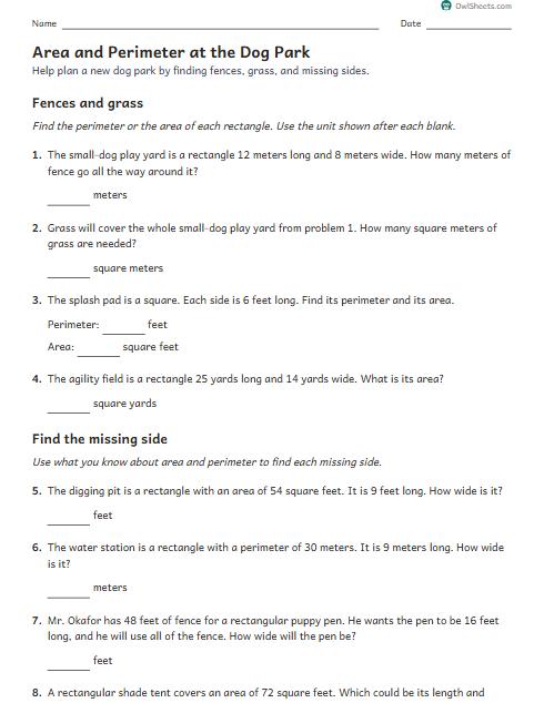 Area and Perimeter at the Dog Park worksheet preview