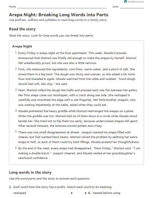 Arepa Night: Breaking Long Words into Parts worksheet preview