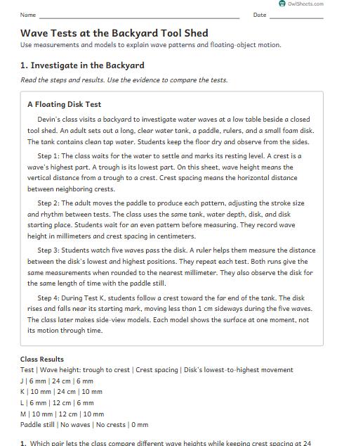 Wave Tests at the Backyard Tool Shed worksheet preview