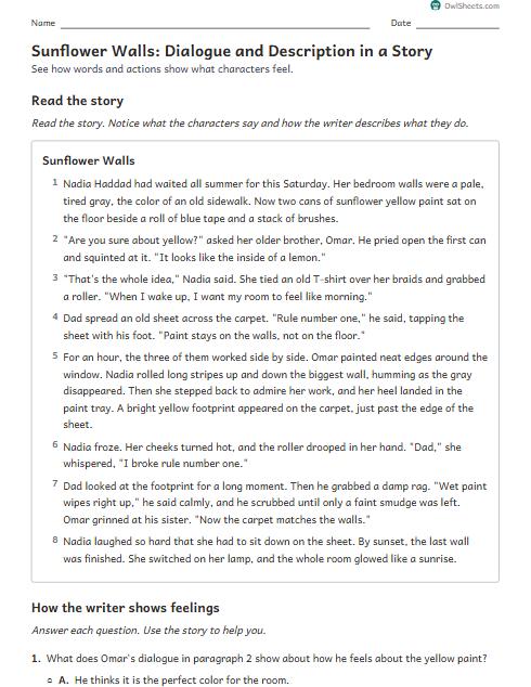 Sunflower Walls: Dialogue and Description in a Story worksheet preview