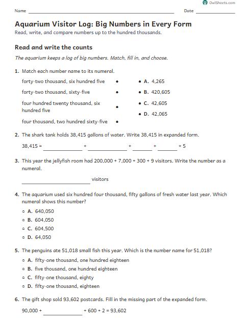 Aquarium Visitor Log: Big Numbers in Every Form worksheet preview