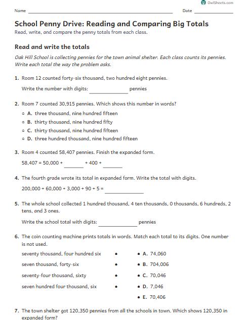 School Penny Drive: Reading and Comparing Big Totals worksheet preview