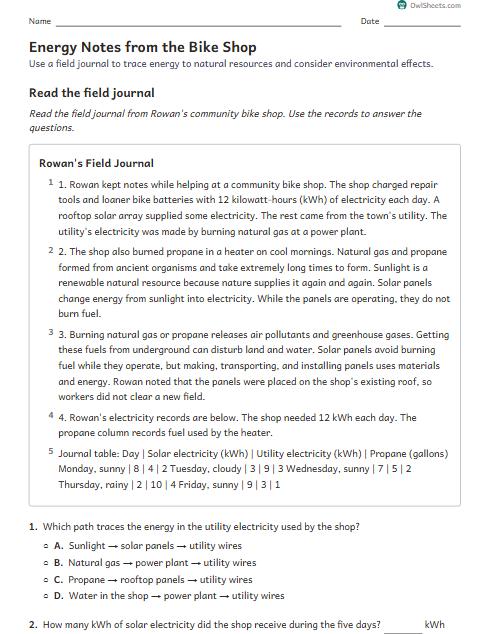 Energy Notes from the Bike Shop worksheet preview