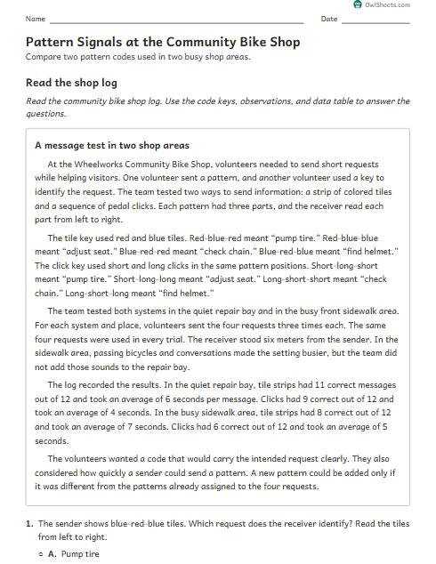Pattern Signals at the Community Bike Shop worksheet preview