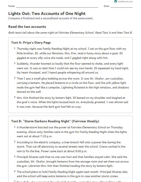Lights Out: Two Accounts of One Night worksheet preview