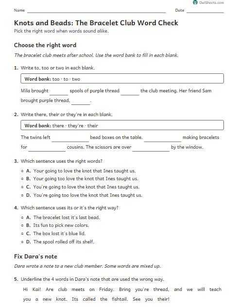 Knots and Beads: The Bracelet Club Word Check worksheet preview