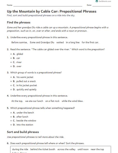 Up the Mountain by Cable Car: Prepositional Phrases worksheet preview