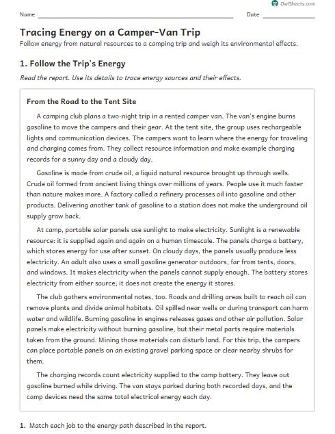 Tracing Energy on a Camper-Van Trip worksheet preview