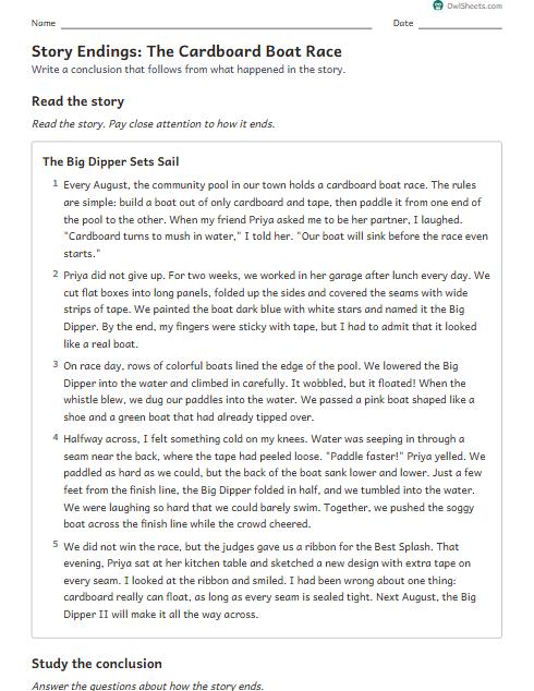 Story Endings: The Cardboard Boat Race worksheet preview