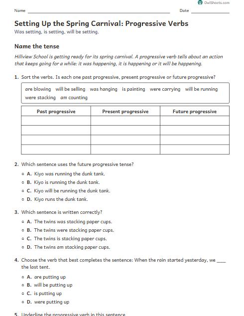Setting Up the Spring Carnival: Progressive Verbs worksheet preview