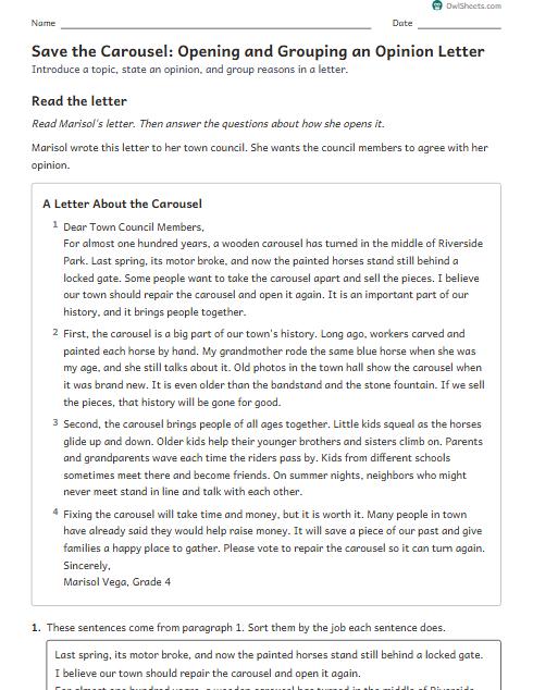 Save the Carousel: Opening and Grouping an Opinion Letter worksheet preview