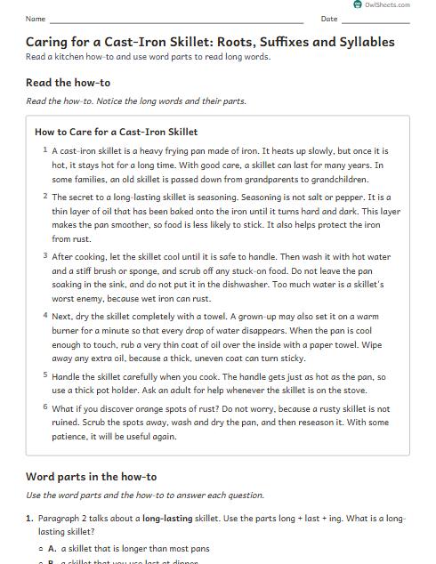 Caring for a Cast-Iron Skillet: Roots, Suffixes and Syllables worksheet preview