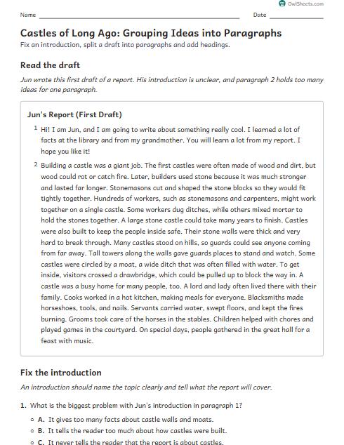 Castles of Long Ago: Grouping Ideas into Paragraphs worksheet preview