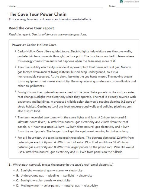 The Cave Tour Power Chain worksheet preview