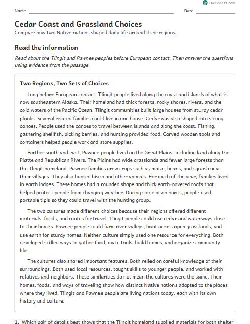 Cedar Coast and Grassland Choices worksheet preview